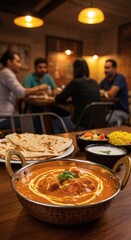 Fototapeta premium Close up of butter chicken with naan bread and rice at a restaurant with people in background