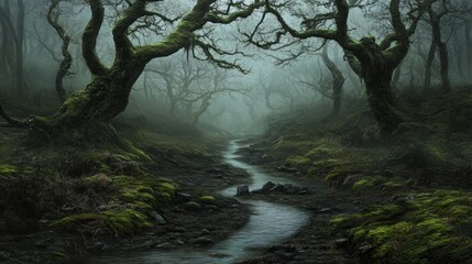Misty forest stream with mossy trees