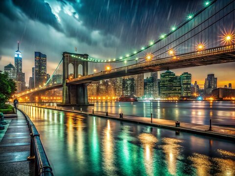 Dramatic Night View: FDR Drive & Brooklyn Bridge, NYC Skyline