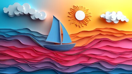 Paper Cutout Boat Sailing On Wavy Sea High Resolution Photo