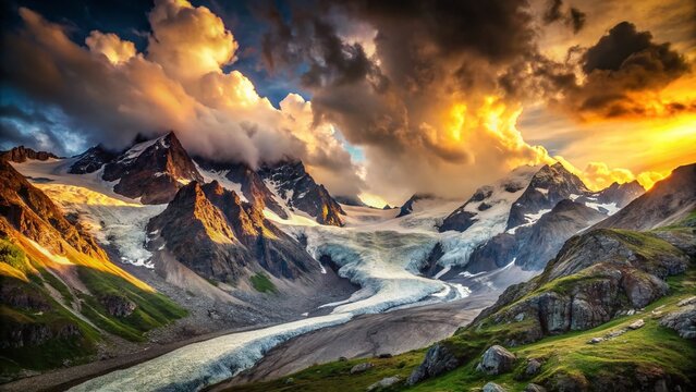 Dramatic Sunset over Vignemale Massif, French Pyrenees Mountains, Glacier, Cloudy Sky