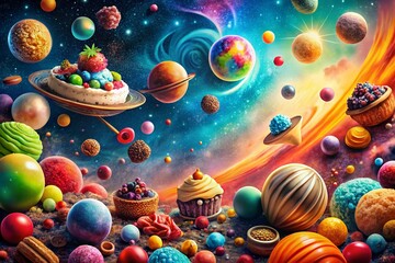 Dreamlike Cosmic Food Collage: Surreal Alien Planets & Galactic Nebula Desserts