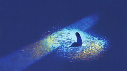 A haunting image of a drowning woman bathed in colored light, symbolizing loneliness and despair. Surreal, melancholic, and deeply emotional, perfect for artistic and conceptual projects.