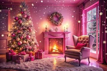 Fototapeta premium Dreamy Pink Christmas Fireplace Night Scene - Festive Holiday Stock Photo