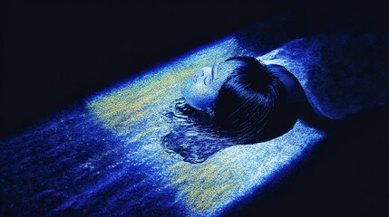 A haunting image of a drowning woman bathed in colored light, symbolizing loneliness and despair. Surreal, melancholic, and deeply emotional, perfect for artistic and conceptual projects.