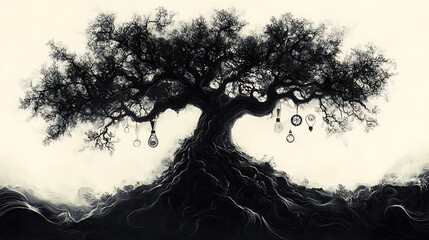 Steampunk Tree Of Knowledge With Hanging Light Bulbs And Gears High Resolution Photo