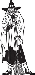 caricature sketch illustration of a witch wearing a hat and using a broomstick