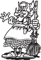 caricature sketch illustration of a witch wearing a hat and using a broomstick