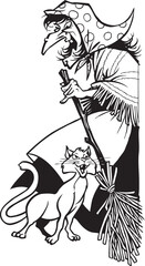 Fototapeta premium caricature sketch illustration of a witch wearing a hat and using a broomstick