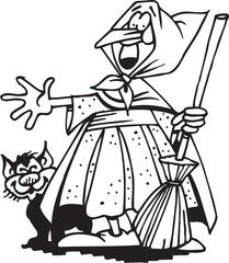 caricature sketch illustration of a witch wearing a hat and using a broomstick