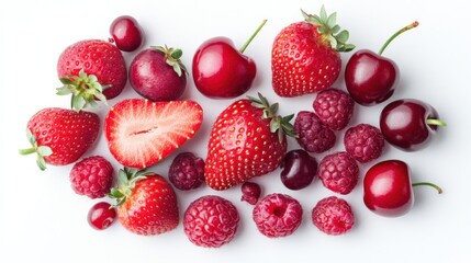 Vibrant red berries and strawberries arranged on a white background