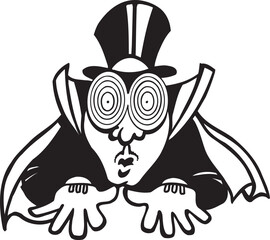 illustration sketch caricature silhouette of a fortune teller witch hypnotizing through eye contact