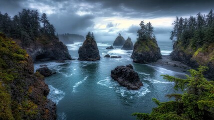 Dramatic coastal scene with rocks and trees