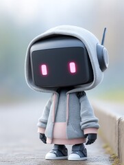 A cute black humanoid robot with glowing pink eyes stands on the street, wearing an open hoodie. Minimalist 3D rendering, pastel colors, and a playful sci-fi vibe. Perfect for futuristic and aesthetic