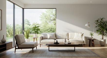 Fototapeta premium A modern, sunlit living room with minimalist furniture, large windows, and indoor plants, emphasizing clean lines and neutral tones