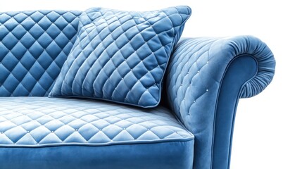 Fototapeta premium Elegant, quilted, blue velvet sofa section with decorative pillows