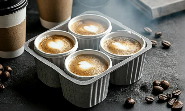 Four cups of coffee with heart latte art in a cozy setting.