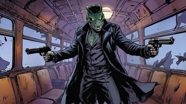 Lizard-man in train, armed, action shot, comic book, possible use for a comic book