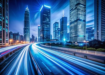 Fototapeta premium Dynamic Blue City Highway Night: Fast-Moving Light Trails & Modern Skyscrapers