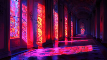Obraz premium Crimson Palace Corridor: A Digital Painting of an Ethereal Hallway Bathed in Vibrant Red and Pink Light