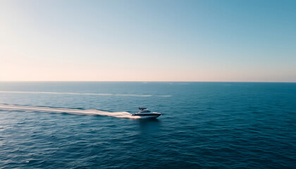 Naklejka premium Vacation and leisure. Aerial view on fast boat on blue sea at sunny day. Fast ship on the sea surface. Seascape from the drone. Seascape from air. Seascape with motorboat. isolated with white highli