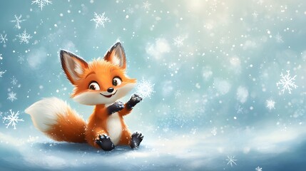 Cute, winter fox playing with snowflakes in a snowy scene.