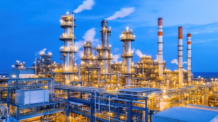 Illuminated industrial complex at twilight metal structures and pipes