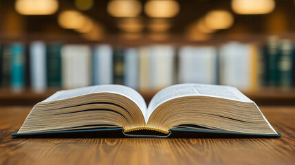 Open law book lies on a wooden desk in a courtroom setting, with modern white legal volumes in the background, symbolizing tradition, legal research, education, and the evolution of justice.

