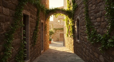 Fototapeta premium Sunlit Stone Alleyway with Green Ivy in Old European Town Architecture Featuring Cobblestone Streets and Historic Buildings on a Sunny Day