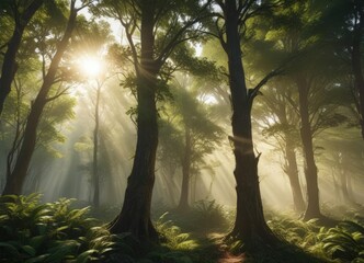 Naklejka premium Intense sunlight streams through dense canopy, creating radiant light patterns , ethereal, magical, woods