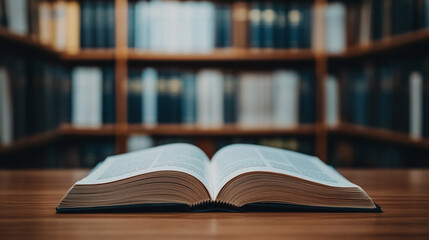 Open law book lies on a wooden desk in a courtroom setting, with modern white legal volumes in the background, symbolizing tradition, legal research, education, and the evolution of justice.