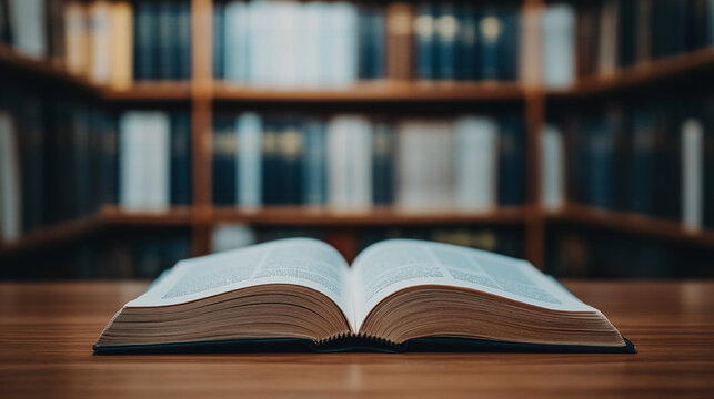 Open law book lies on a wooden desk in a courtroom setting, with modern white legal volumes in the background, symbolizing tradition, legal research, education, and the evolution of justice.

