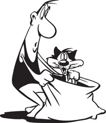 silhouette caricature sketch illustration of a person buying a cat in a sack