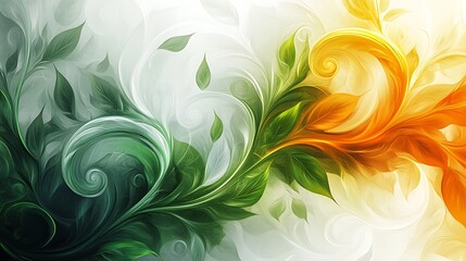 Fototapeta premium Abstract art shows organic swirls and leaves transitioning from green to vibrant orange hues