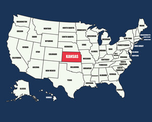 Colorful USA map with state names, highlighting Kansas, great for education, travel, and geographic content