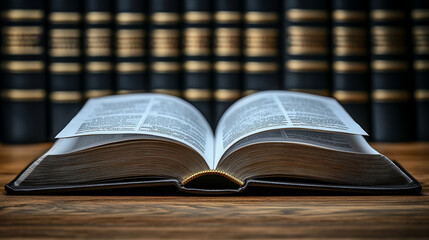 Open law book lies on a wooden desk in a courtroom setting, with modern white legal volumes in the background, symbolizing tradition, legal research, education, and the evolution of justice.

