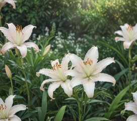 Delicate watercolor lilies, serene garden setting ,  green,  gentle