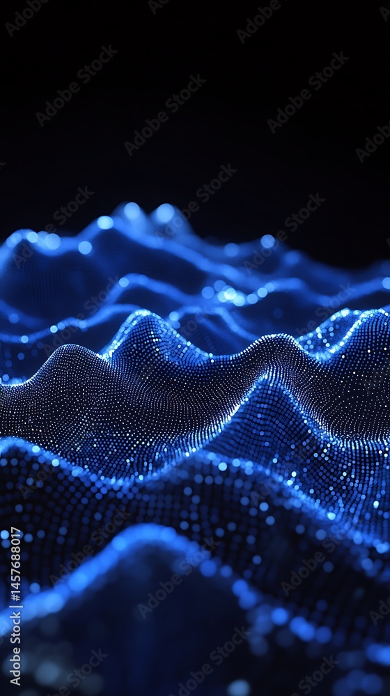 Poster abstract blue digital sound wave landscape forms on a dark background creating depth