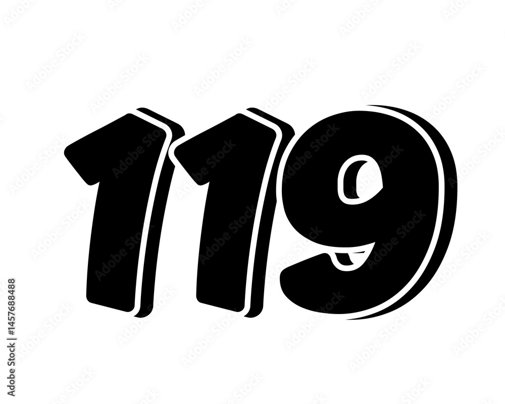 Poster stylized black number 119 on transparent background, with a bold, 3d appearance and shadow effects f