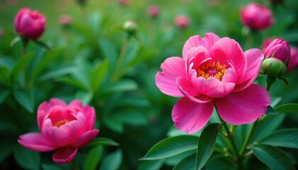 Bold peony blossoms & greenery, vibrant color palette, floral, leaves, green