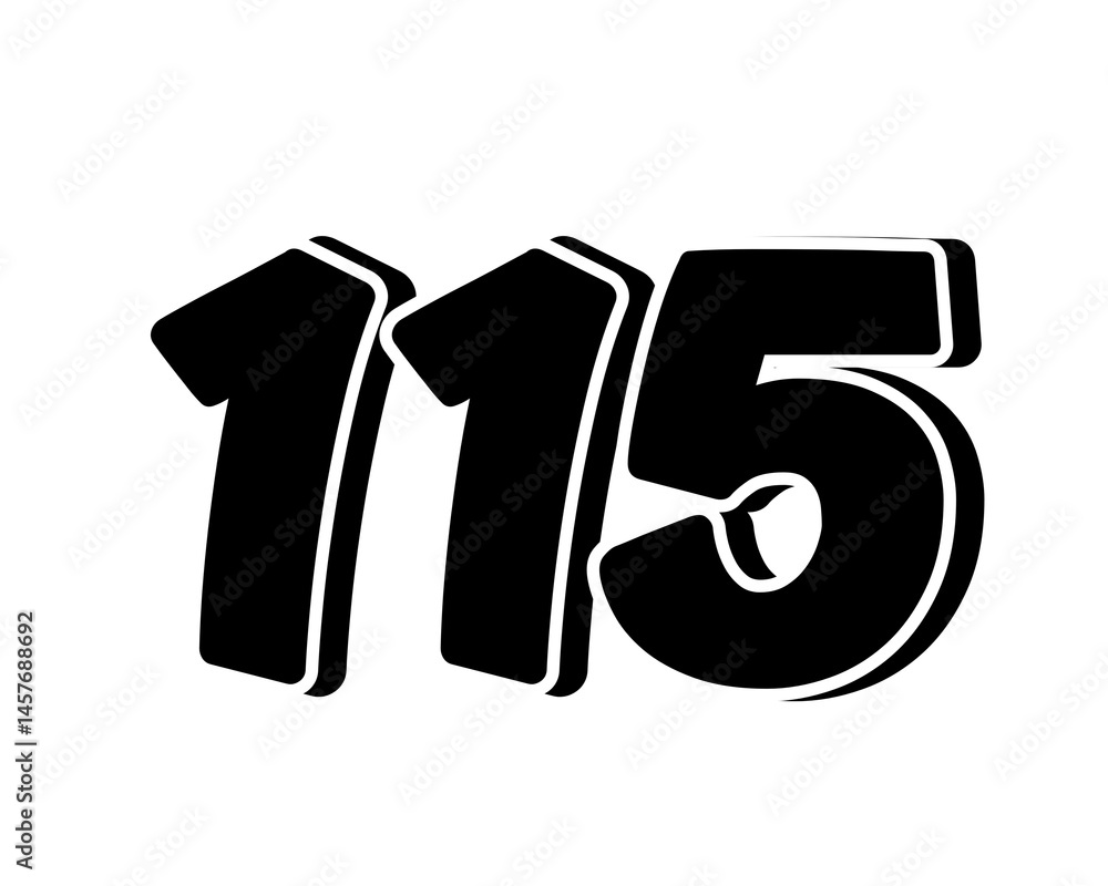 Poster stylized black number 115 on transparent background, with a bold, 3d appearance and shadow effects f