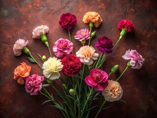 Obraz premium Elegant Carnation Flat Lay: Muted Hues & Velvet Texture - High-Resolution Stock Photo