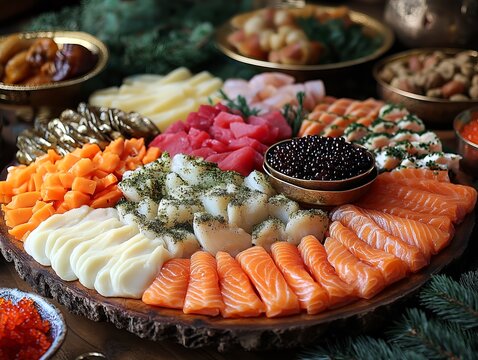 traditional Russian zakuski platter featuring pickled vegetables smoked fish and caviar luxurious and festive atmosphere