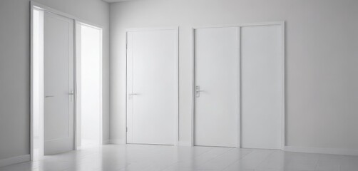 Sleek white interior doors showcase different configurations against a pure white backdrop , clean lines, modern door, new construction