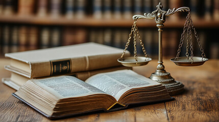 Open law book lies on a wooden desk in a courtroom setting, with modern white legal volumes in the background, symbolizing tradition, legal research, education, and the evolution of justice.

