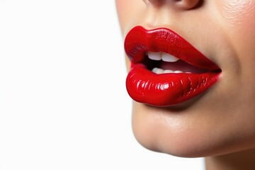 Obraz premium Close-up of vibrant red lipstick on pure white , beauty product, lipstick, lip color