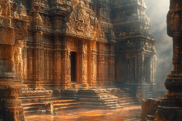 Fototapeta premium Ancient Temple Entrance: A Mystical Golden Hour