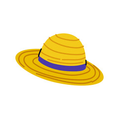 Bright yellow straw hat with blue ribbon on display for summer activities and fashion