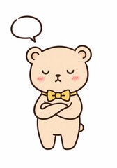 Illustration of a thoughtful bear character with a bow tie and folded arms, accompanied by an empty speech bubble for creative input and dialog