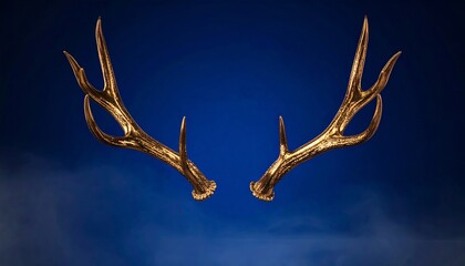 Golden antlers against deep blue background with subtle mist